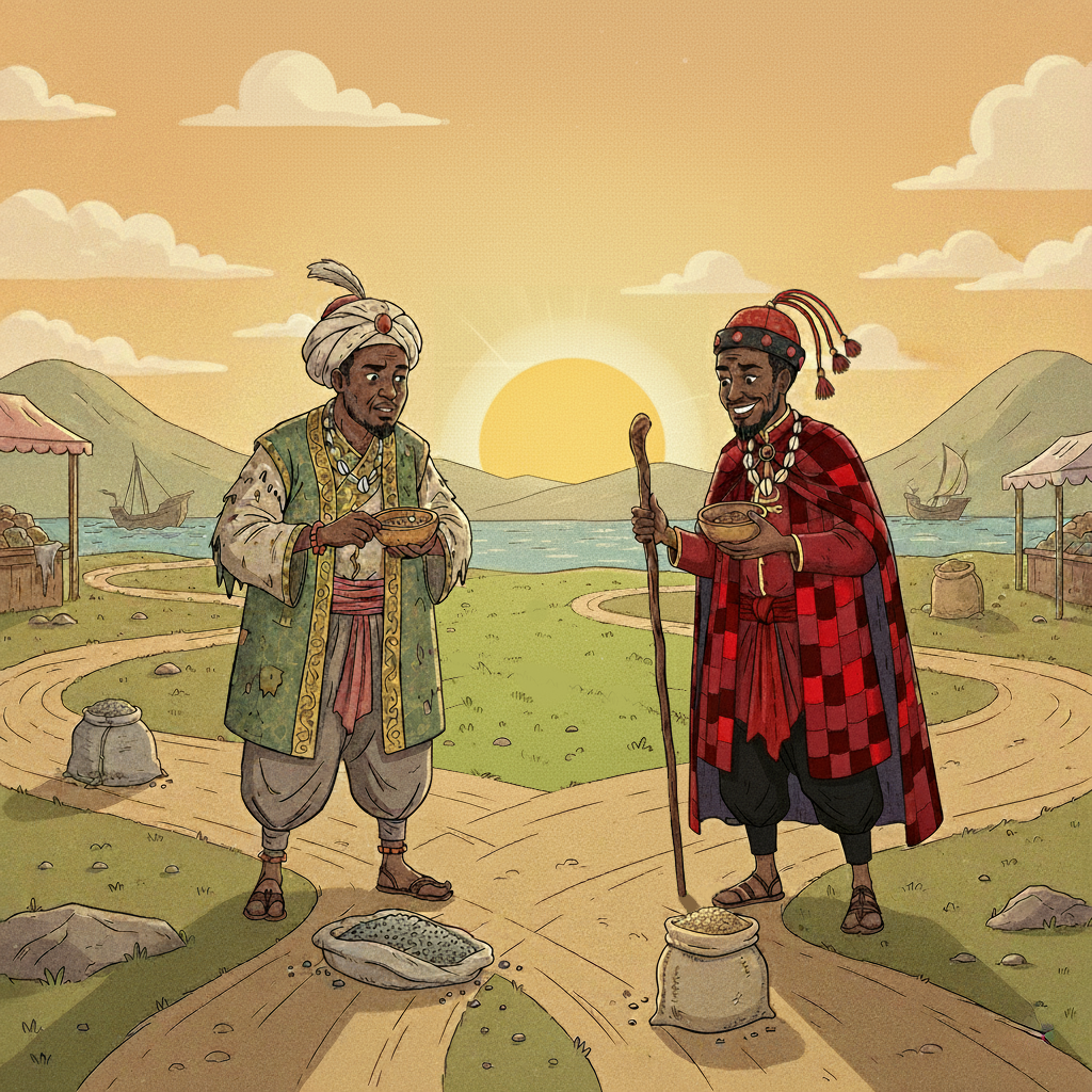 Illustration of Ellegua speaking to a merchant about a wondrous calabash.